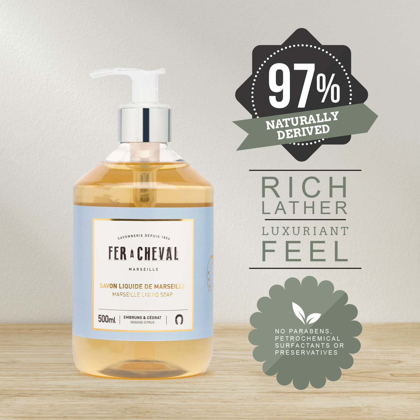 Fer à Cheval Marseille Liquid Soap, Luxury French Liquid Soap, Savon Liquide De Marseille, Seaside Citrus 500ml, Set of 2, 500ml/16.9 f oz