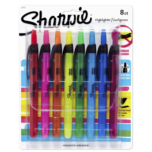 Sharpie Retractable Highlighters, Chisel Tip, Assorted Colors, 8 Count