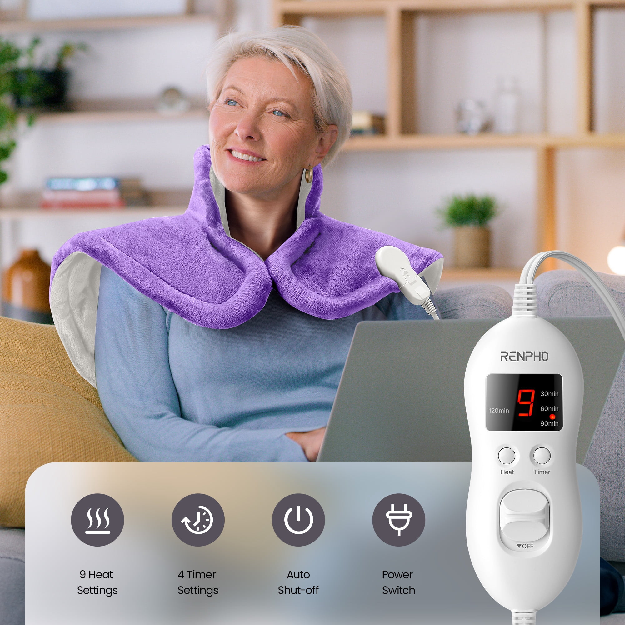 RENPHO Extra Large Heating Pad for Shoulders Neck and Back, 9 Temperature Settings, FSA HSA Eligible, 19"x 24", Mothers Day Gifts for Women Men, Purple