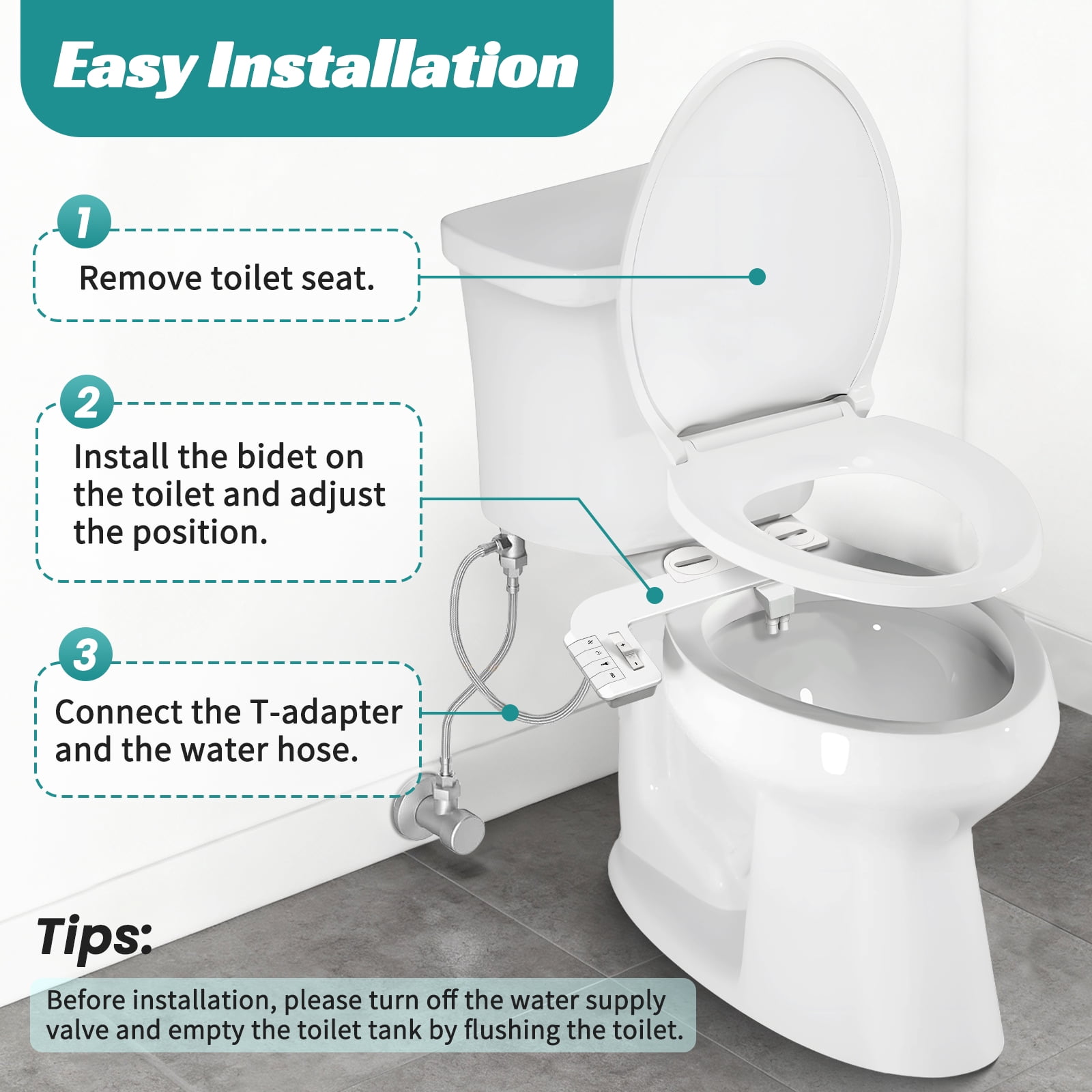QUITEDEW Dual Nozzle Non-Electric Bidet Toilet Attachment,Self-Cleaning,Adjustable Water Pressure Control with Filtration,White