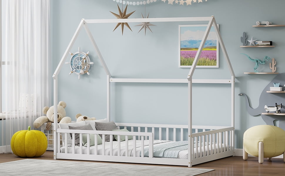 Full Size House Floor Bed with Full Surround Safety Fence, Solid Pine Wood Montessori Kids Playhouse Bed Frame Max 300 LBS No Box Spring Needed for Toddler Bedroom Nursery