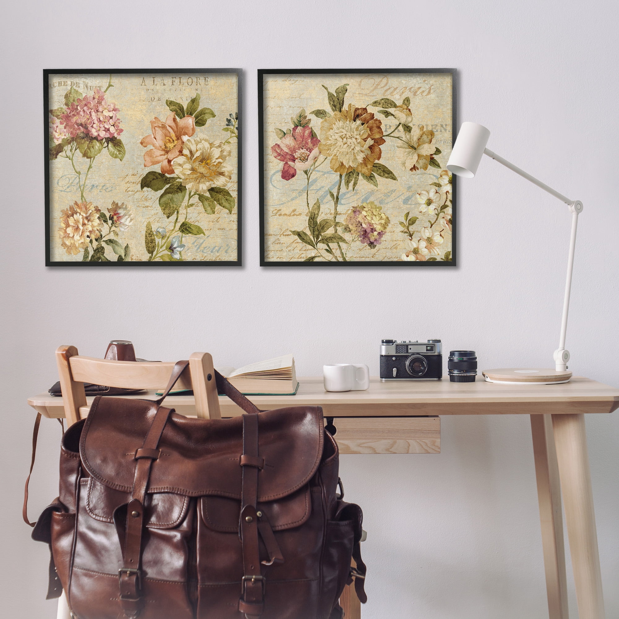 Stupell Industries Vintage French Floral with Script Botanical & Floral Painting Black Framed Art Print Wall Art, 24 x 24, Set of 2