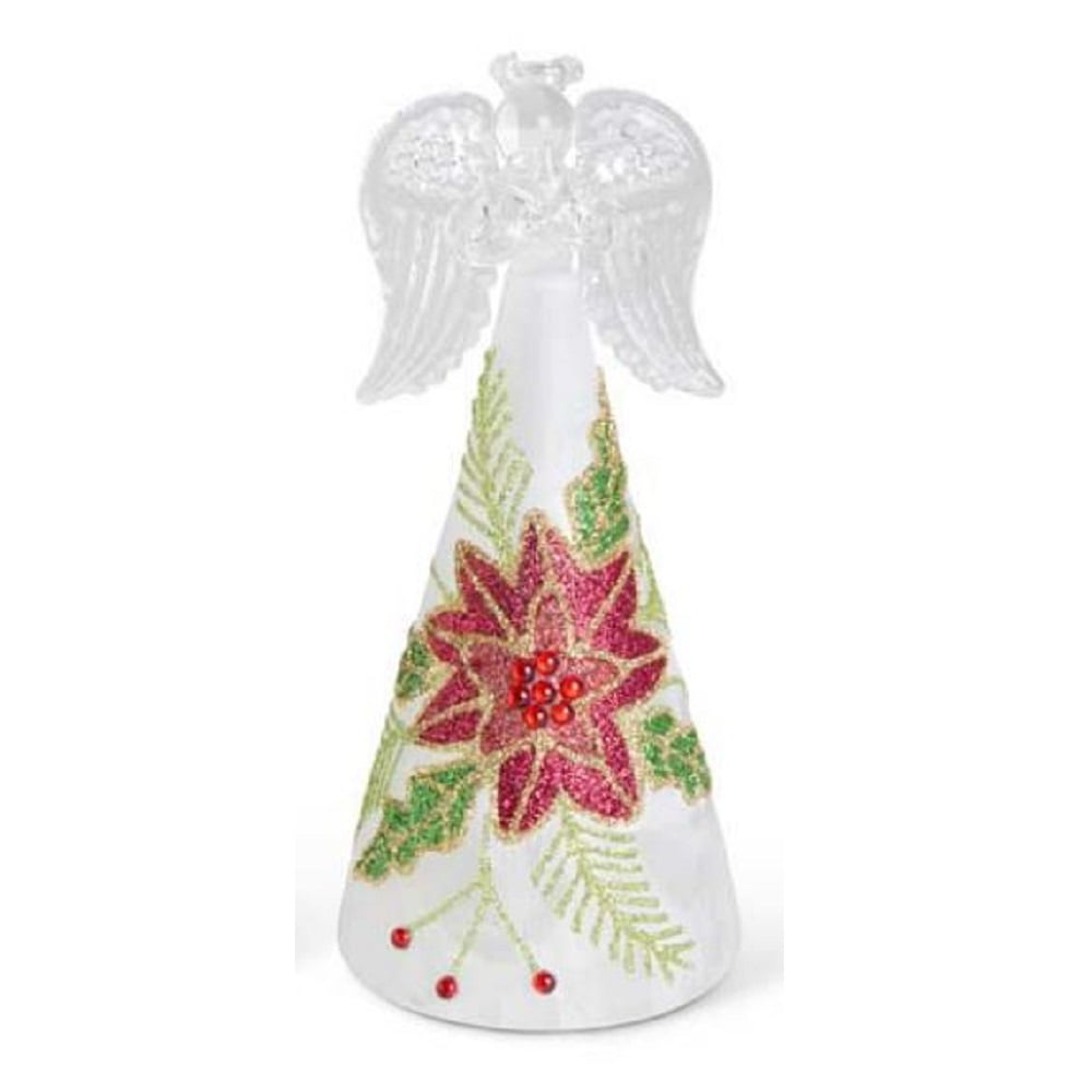 8" Glass LED Lighted Angel with Poinsettia Flower Detail Christmas Ornament 