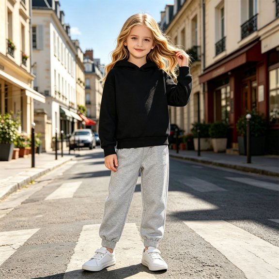 Huowey Toddler Girls Outfits Fall Long Sleeve Hoodie Sweatshirt And Pants 2 PC Set Elastic Waist Loose Fit Solid Color Winter School Outdoor Casual Everyday Wear Cozy Outfit,Black,3-4 Years