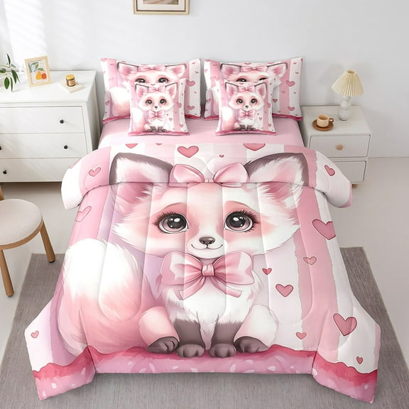 Erosebridal Kawaii Fox Bedding Sets Twin Size,Love Heart Bow Comforter Sets with Sheets,Ultra Soft Reversible Bed in a Bag Twin size,Lines Decor,7pcs