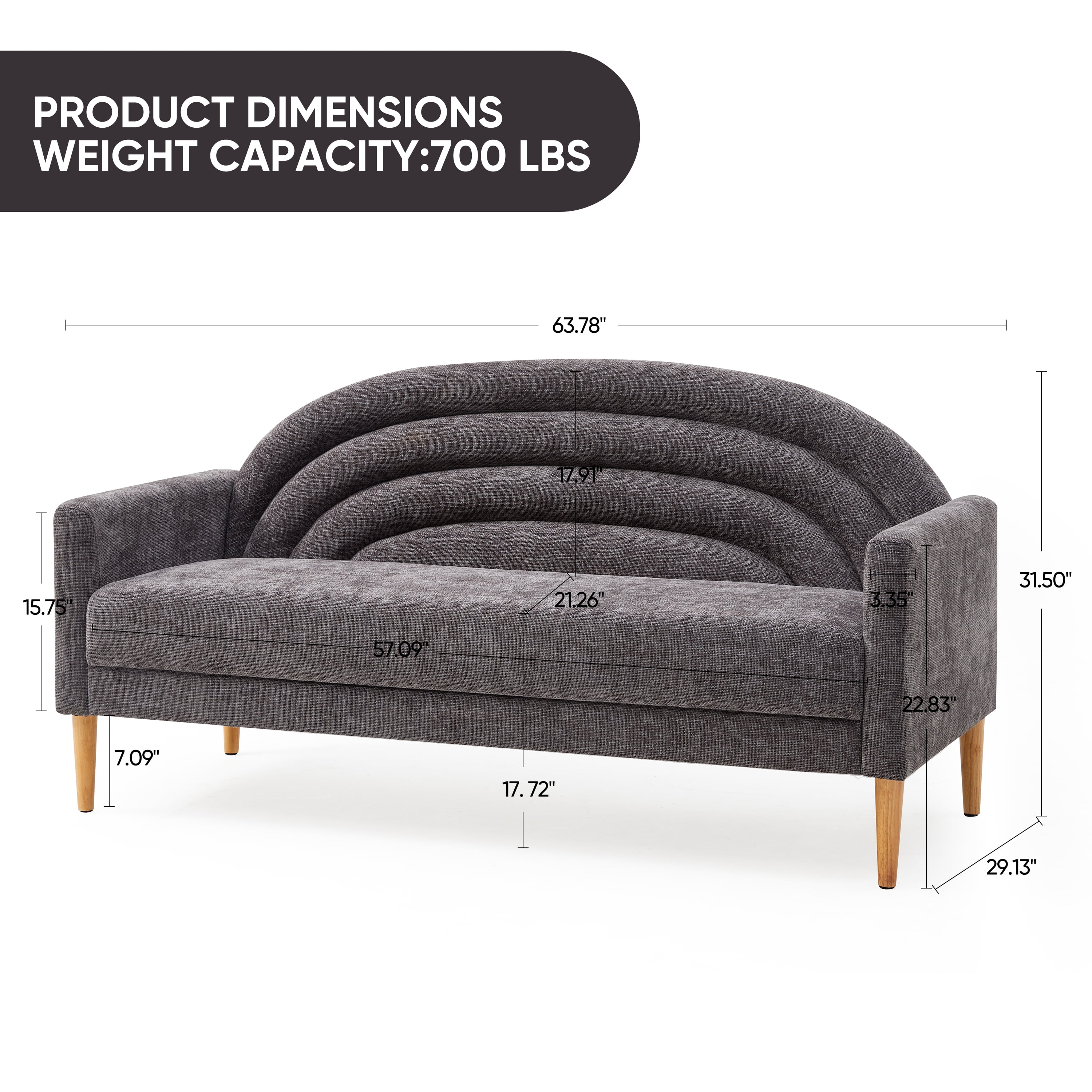 65" W Three-seater sofa Modern Trending and Youthful Rainbow Design Upholstered Fabric Sofa Decor Furniture for Living Room, Bedroom, Office GREY