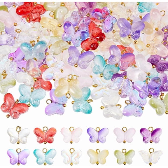120Pcs 12 Colors Glass Butterfly Charms Butterfly Pendant Charms Butterfly Dangle Charms Transparent Fantasy Butterfly Charms