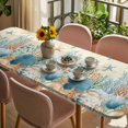 thumbnail image 3 of Teal Blue Coastal Table Cloths for 8 Foot Rectangle Tables, Summer Beach Starfish Shell Coral Nautical Retro Patio Waterproof Elastic Fitted Tablecloths, Washable Rectangular Table Cover for Camping, 3 of 8