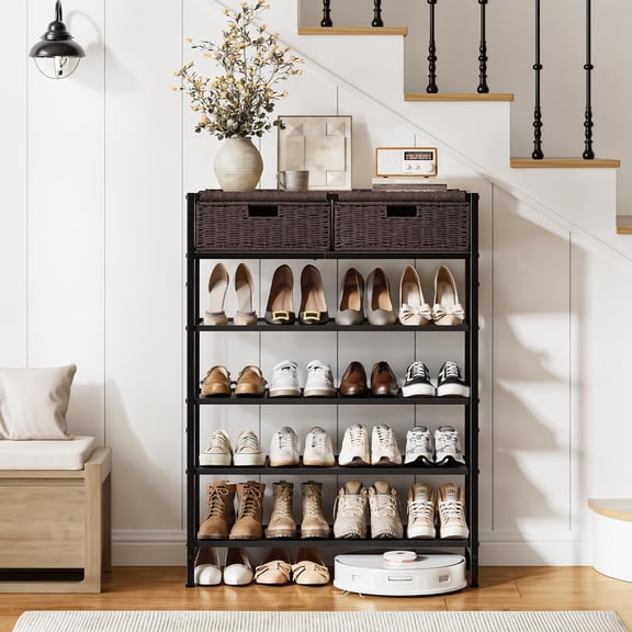 5 Tier Shoe Storage Organizer with 2 Hand Woven Drawers, Dark Brown Shoe Rack for 16-20 Pairs of Shoes, Spacious and Sturdy Design for Entryway, Closet, Living Room