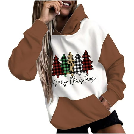 

Bospose Christmas Vacation Shirt Long Sleeve Shirt Women Corset Top Brown Top Merry Print Hood Color Matching Sweater Merry Colorblock Sweatshirt Sweater L