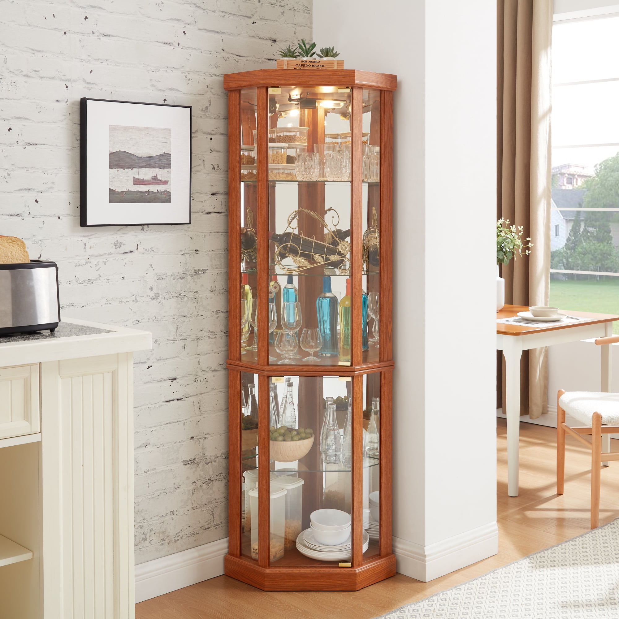Leumius Corner Lighted Curio Cabinet Corner Glass Cabinet Lighted Curio Cabinet Corner Display Case for Living Room, Curio Cabinet, Antique Collection, Wine Dark Oak