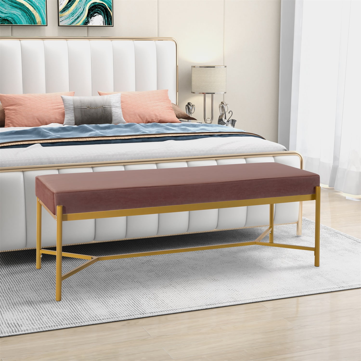 Kadyn Long Upholstered Bench, Metal Entryway Bench for Bedroom, Modern Velvet End of Bed Bench for Entryway, Pink Kadyn Long Upholstered Bench, Metal Entryway Bench for Bedroom, Modern Velvet End of Bed Bench for Entryway, Pink