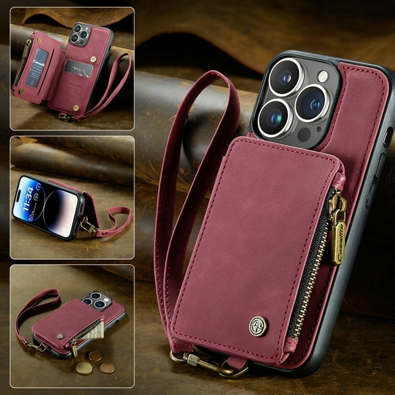iPhone 12Pro Case Wallet Case Cover for Women Men Durable 2 in 1 Detachable Premium Leather with Card Holder Slots Magnetic Zipper Pouch Flip Lanyard Strap Wristlet
