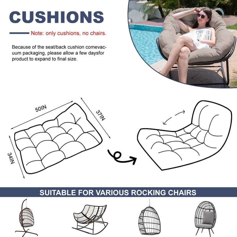 Outdoor Egg chair cushion replacement,Waterproof hanging hammock swing chair cushions,Papasan Rocking Chair pad for Patio Bedroom Porch Garden（Khaki）