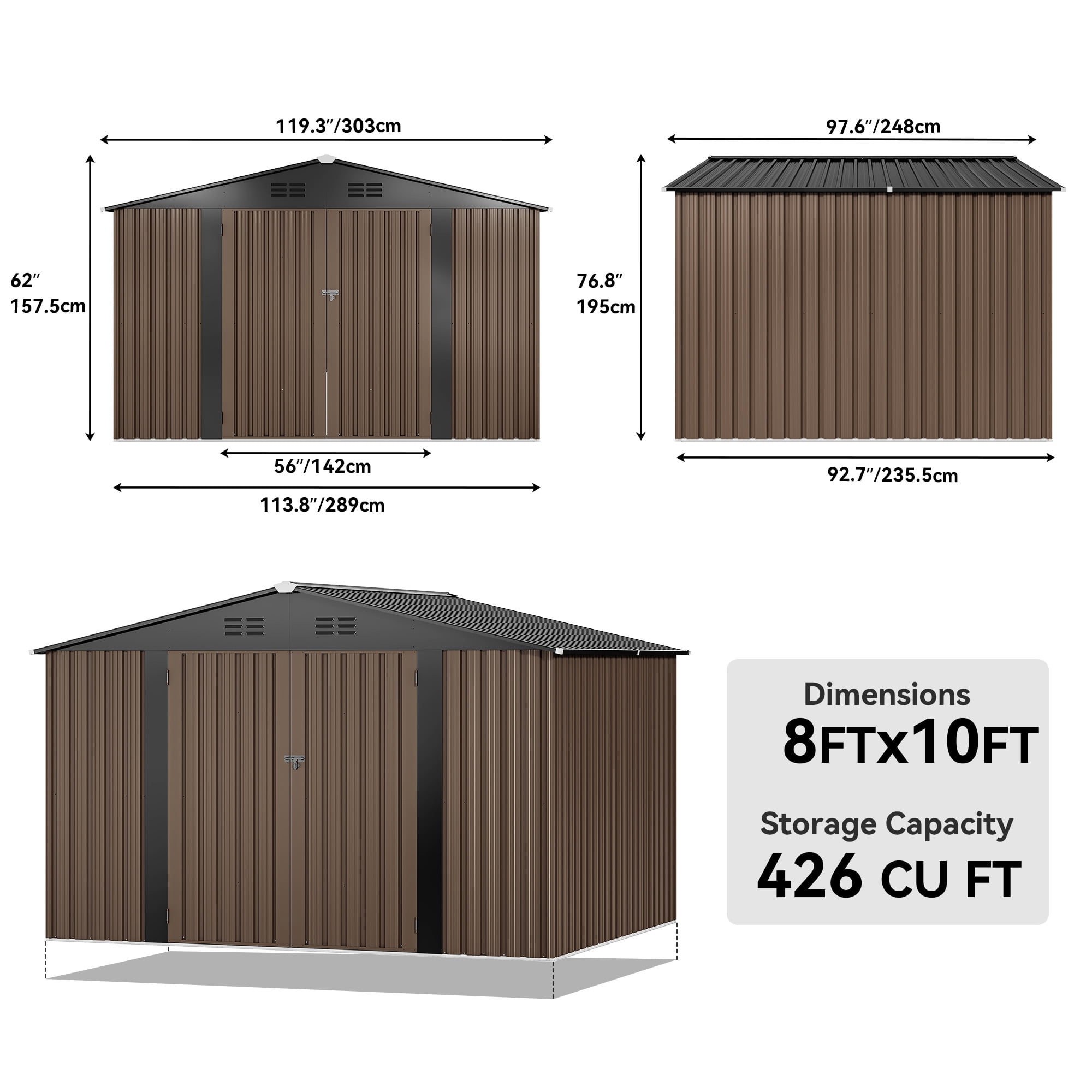 Dextrus 10x8ft Large Outdoor Storage Shed, Heavy Duty Tool Metal Storage Sheds House with Lockable Doors & Air Vent
