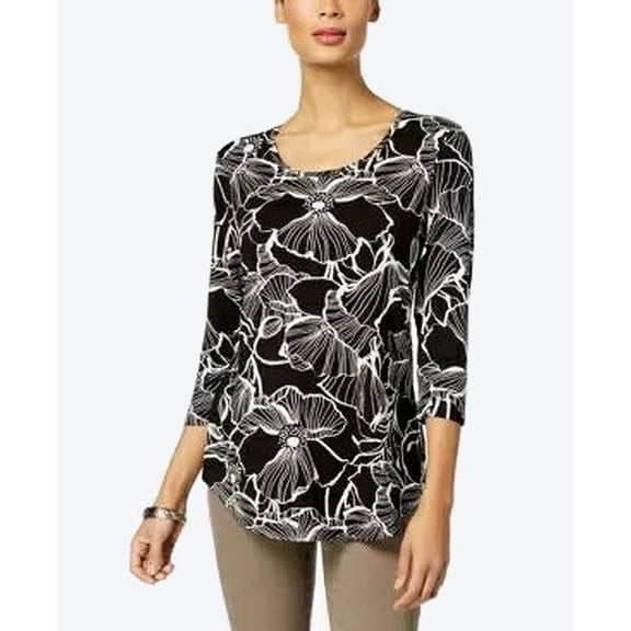 JM Collection Womens Knit Top White Medium Petite Printed Black PM