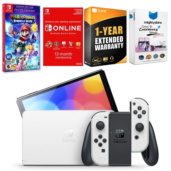 Nintendo Switch White OLED Console with Mario   Rabbids Sparks of Hope Cosmic Edition, NSO 12 Month Family Membership, MightySkins Console and Controller Skin Voucher, and 1 Year CPS Extended Warranty