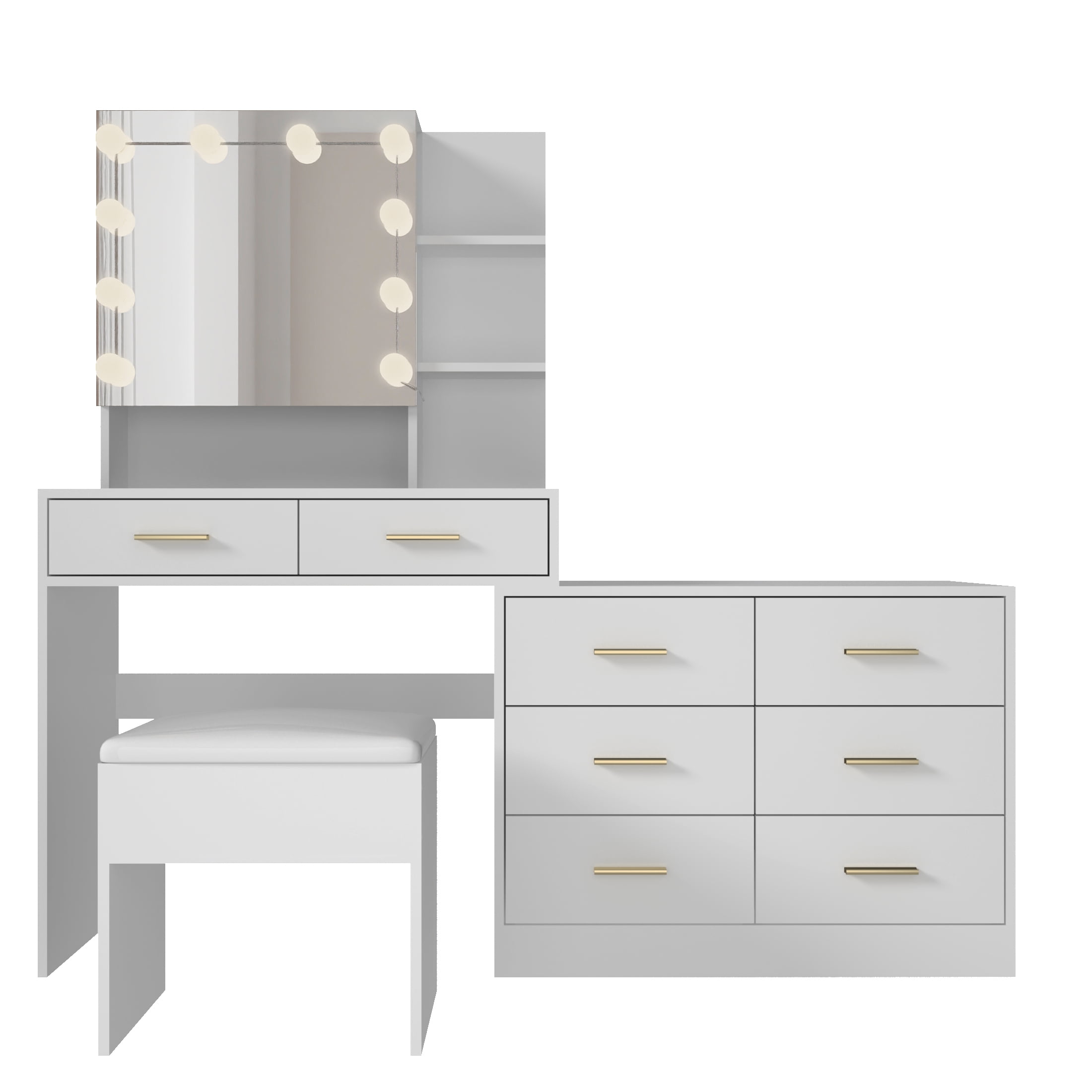 Ktaxon Makeup Vanity with 8 Drawers&Charging Station, Vanity Desk with 3 Color Light, Vanity Table Set w/ Drawer Dresser, White