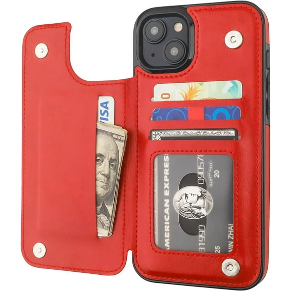 REQO Compatible with iPhone 15 Plus Wallet Case with Card Holder, PU Leather Kickstand Card Slots Case, Double Magnetic Clasp and Durable Shockproof Cover 6.7 Inch (Red)