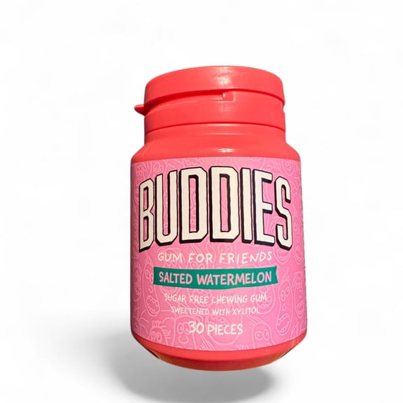 Buddies Gum Sugar-Free Salted Watermelon Chewing Gum, 30 Regular Size Pieces, Bottle