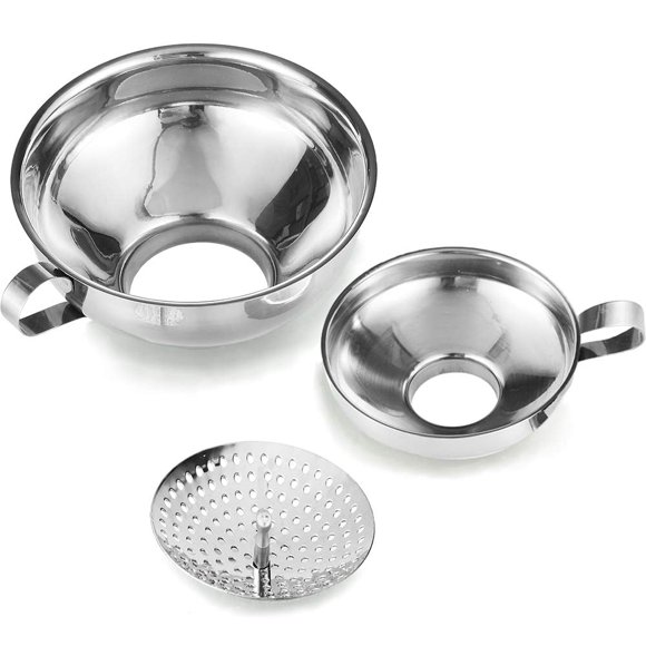 AMZVIO 3PCS Canning Funnel with Strainer for Wide and Regular Mason Jar,Wide Mouth Metal Funnels for Kitchen Use, Stainless Steel Funnels for Filling Bottles Mason Jars (Wide Funnel Set)