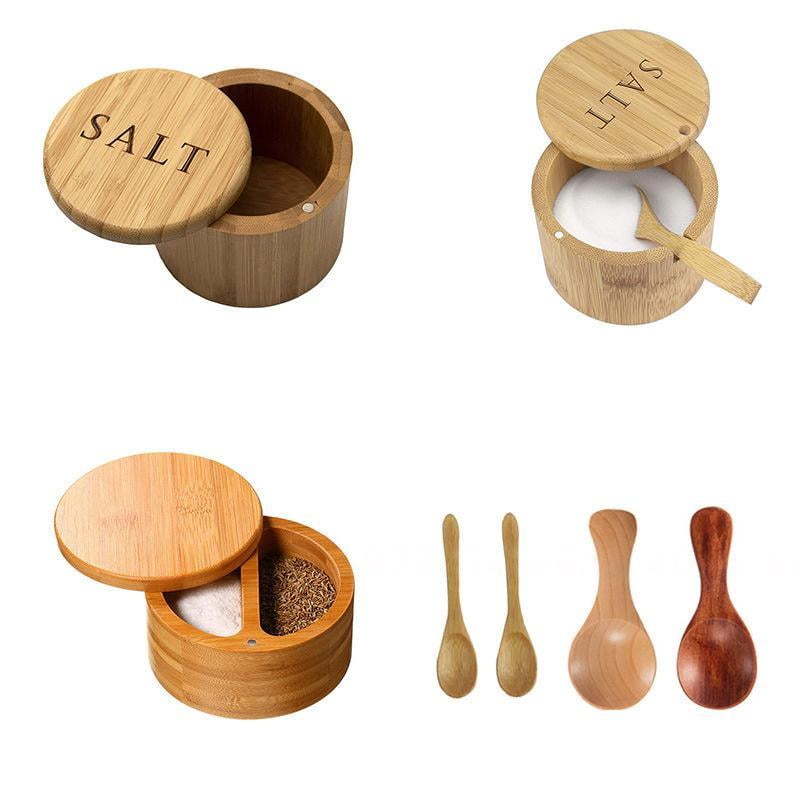 Bamboo Salt and Pepper Box, Salt Cellar with 2 Storage Compartments