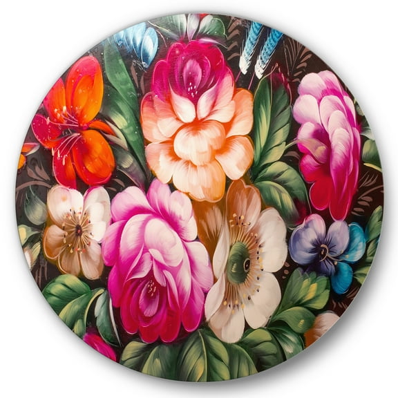 Designart 'Vintage VIbrant Yellow and Red Flower Still Life III' Traditional Circle Metal Wall Art 36x36 - Disc of 36