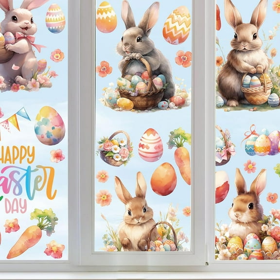 9 Sheets Happy Easter Window Clings Decals Decor - Bunny Rabbit Egg Flower Spring Glass Stickers for Home Office Party Decoration Supplies