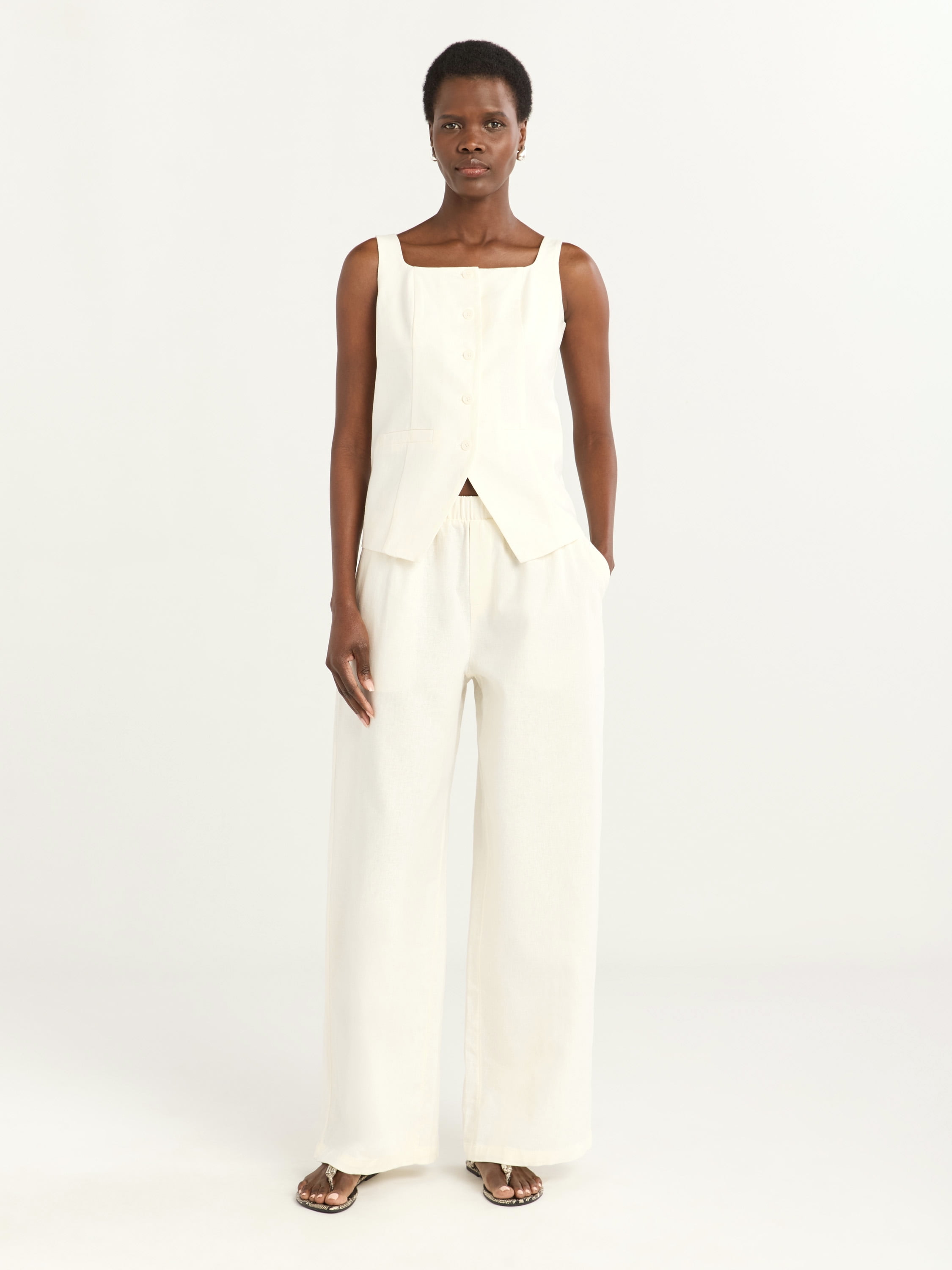 Scoop Women's Linen Blend Wide Leg Pants, 32" Inseam, Sizes XS-4X