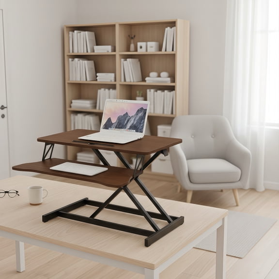 32 Inch Desk Converter, Height Adjustable Sit to Stand Riser, Dual Monitor and Laptop Workstation with Wide Keyboard Tray, Walnut