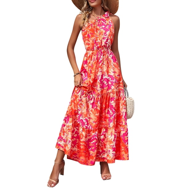 Vestido PRETTYGARDEN Maxi Floral con Nudo en un Hombro Naranja Rosa Talla L
