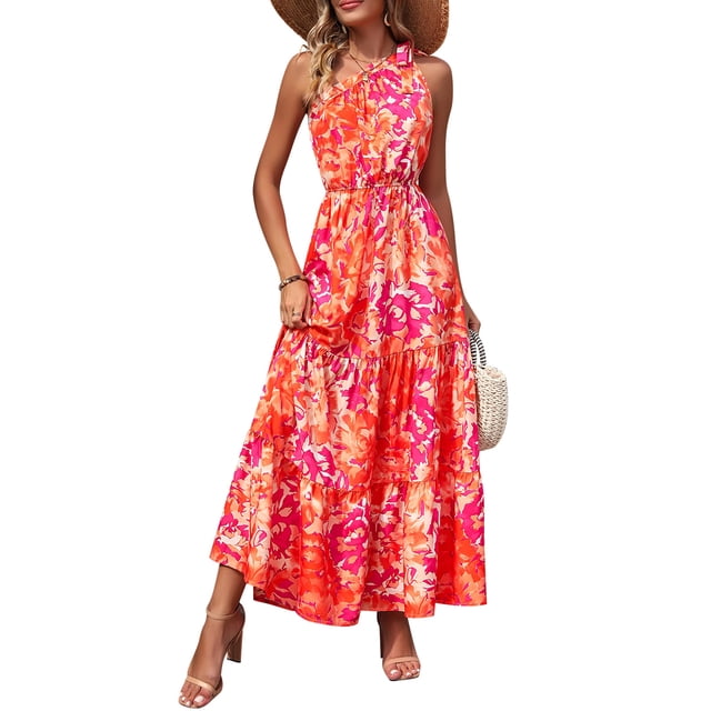 Vestido PRETTYGARDEN Maxi Floral con Nudo en un Hombro Naranja Rosa Talla L