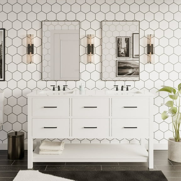 Hudson 60-inch Double Bathroom Vanity (Engineered Marble/White)