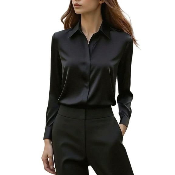 Enjoytime Dressy Tops for Women Solid Color Long Sleeve Button Down Shirts Fashion Business Casual Blouses Trendy Clothes 2025 Black L