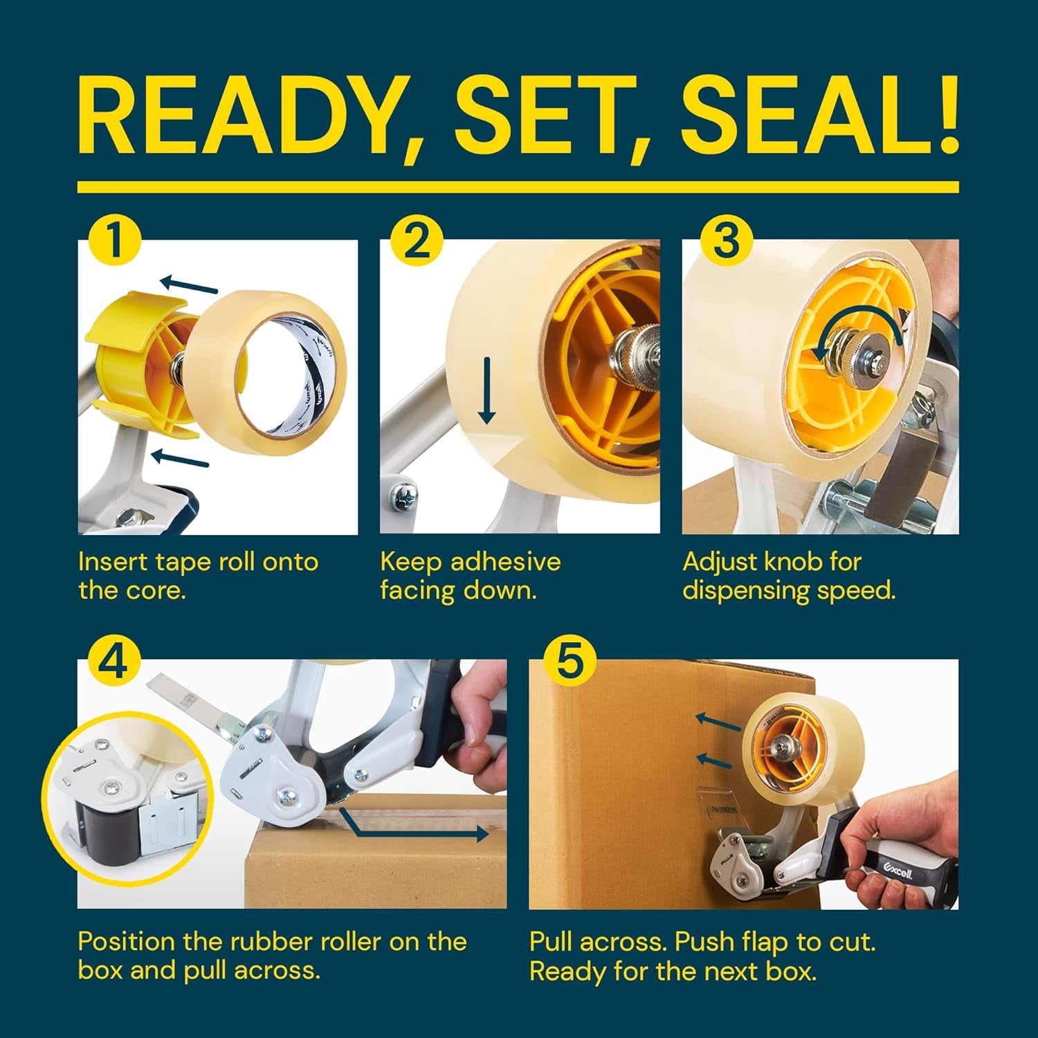 Excell PUSHFLAP 2-Inch Packing Tape Dispenser with 2 Rolls – Tape Gun for Box Sealing, Carton Sealing, and Packaging