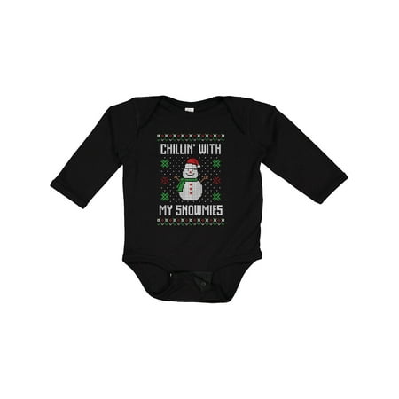 

Inktastic Chillin with My Snowmies Sweater Style Snowman Boys or Girls Long Sleeve Baby Bodysuit