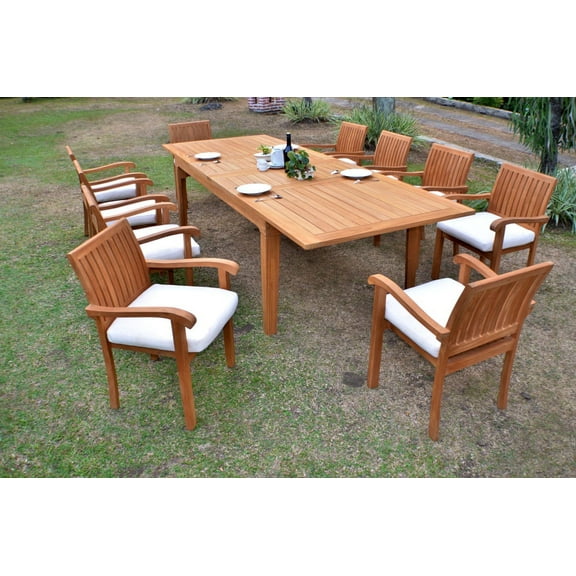 Teak Dining Set:10 Seater 11 Pc 122" Caranasas Double Extension Rectangle Table, 10 Napa Stacking Arm Chairs Outdoor Patio Grade-A Teak Wood WholesaleTeak #WMDSNPw