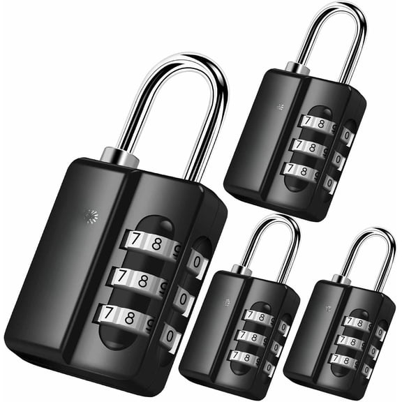 4 Pack Combination Lock, 3-Digit Padlock Keyless, Resettable Luggage Locks for Backpack, Gym & School & Employee Locker, Weatherproof Travel Lock for Fence, Backyard Gate, Hasp, Case-Black