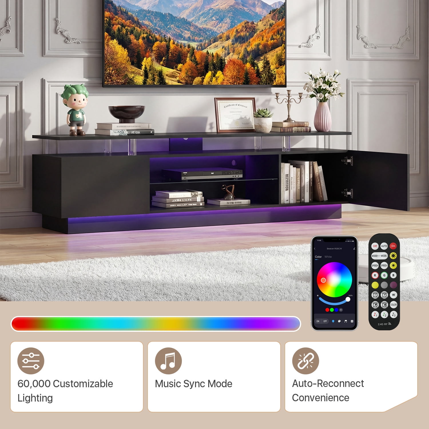 BaPiPro 70" LED Modern TV Stand for 65"-75" TVs, Entertainment Center TV Console with Music Sync LED for Living Room, Black