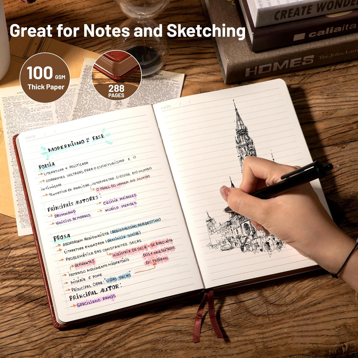 Compass Leather Notebook Journal for Men, 100 GSM 288 Pages Lined Journals for Writing, A5 Hardcover Journaling Notebooks Gift Set with Pen for Travel Office Daily Writing