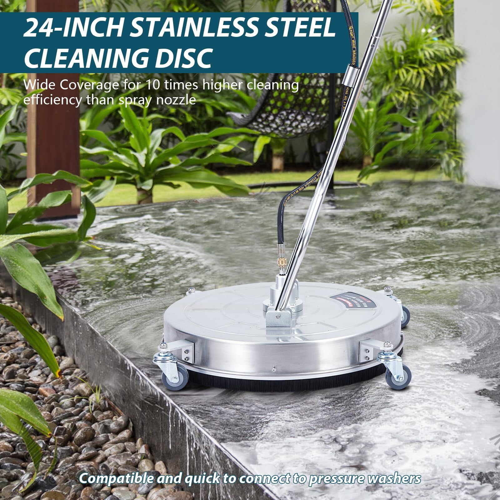 Luku 24" Pressure Washer Surface Cleaner with Dual Handle, 4 Wheels, 3/8" Quick Connect, 2 Replacement Nozzles, Stainless Steel Power Washer Surface Cleaner for Driveway Sidewalk Patio 4000 PSI