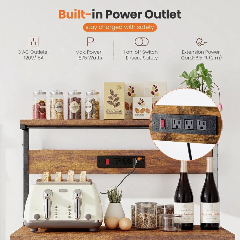 Simenmax 31.5" Kitchen Bakers Rack with Power Outlet, 4-Tier Adjustable Microwave Stand, Coffee Bar Station, Brown Storage Shelf Appliance Organizer