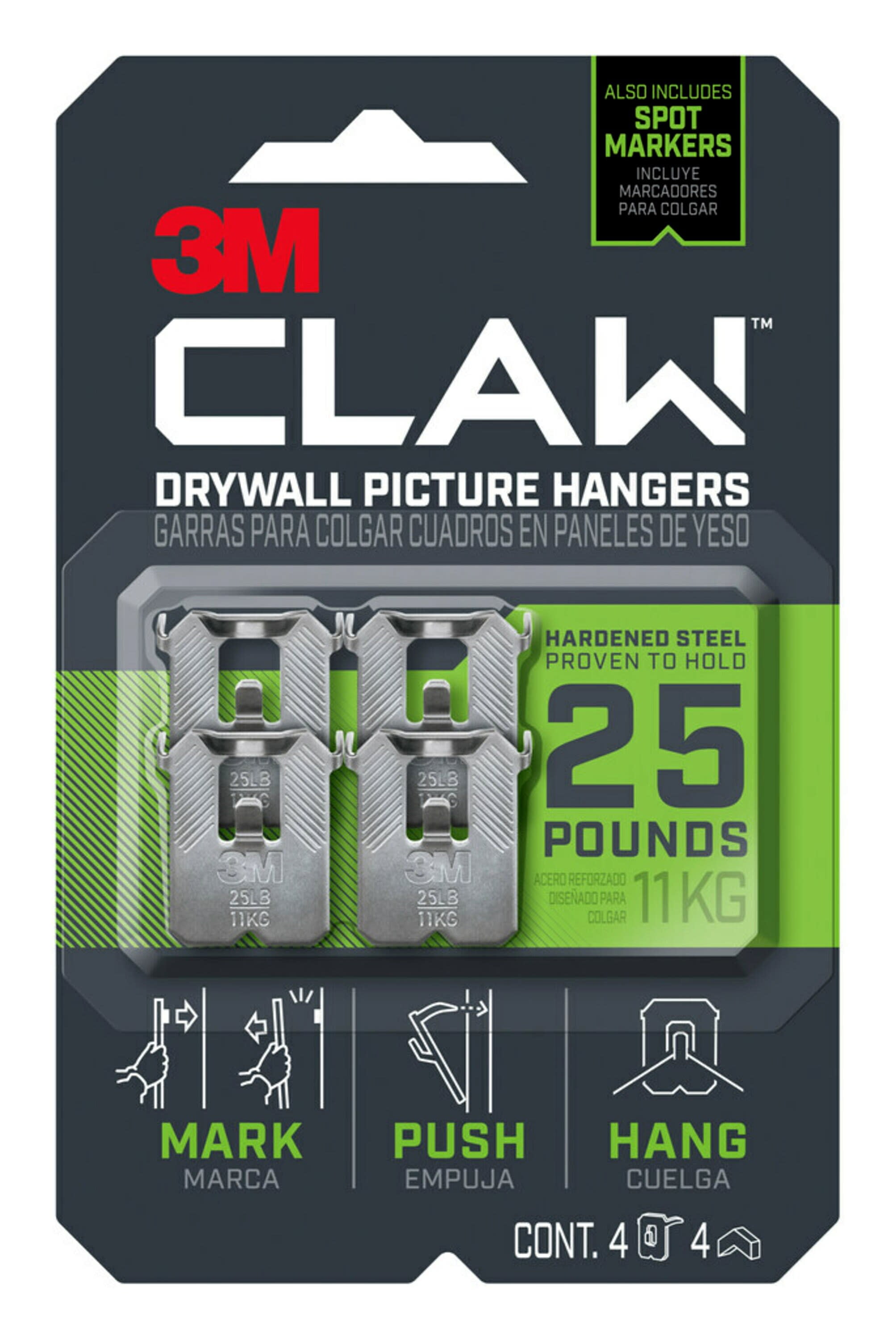 3M CLAW Drywall Picture Hanger with Spot Marker, Holds 25 lbs, 4 Hangers, 4 Markers