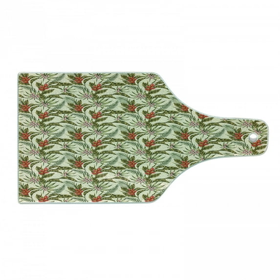 Leaf Cutting Board, Romantic Aloha Pattern with a Vintage Look Birds of Paradise and Plumeria Blossoms, Tempered Glass Cutting and Serving Board, Wine Bottle Shape, Multicolor, by Ambesonne
