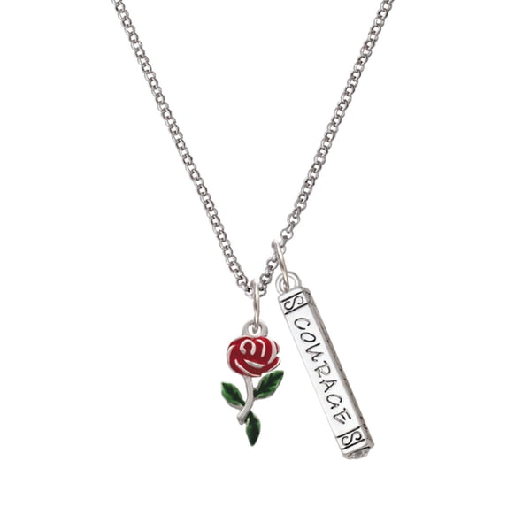 Delight Jewelry Silvertone Red Rose Flower Silvertone Courage Strength Wisdom Honesty Bar Charm Necklace, 23"