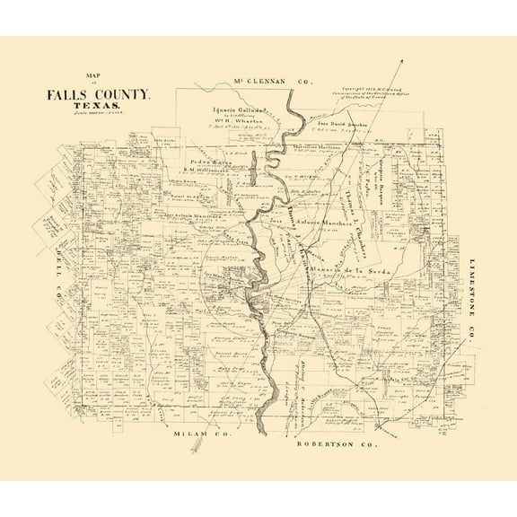 Historic County Map - Falls County Texas - Walsh 1879 - Vintage Wall Art