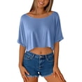 thumbnail image 7 of AKOEE Crop Tops for Women Loose Casual Off Shoulder Wide Boatneck Short Sleeve Summer Cute Tee Shirts (L, Blue), 7 of 7