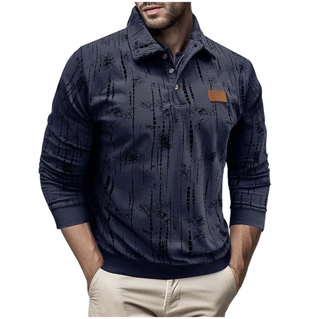 Long Sleeve Workout Top Men Solid Button Half Cardigan Flip Collar Leather Label