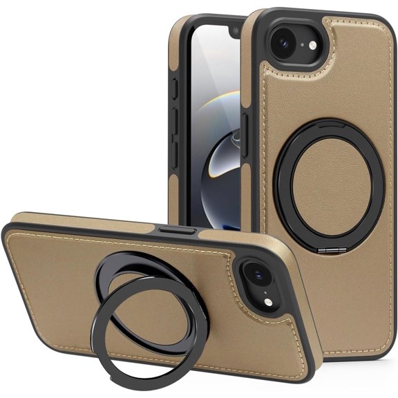 REQO Magnetic Leather Case for iPhone 16e, [Compatible for MagSafe] 360° Rotating Adjustable Kickstand Shockproof Protective Slim Phone Case for Man