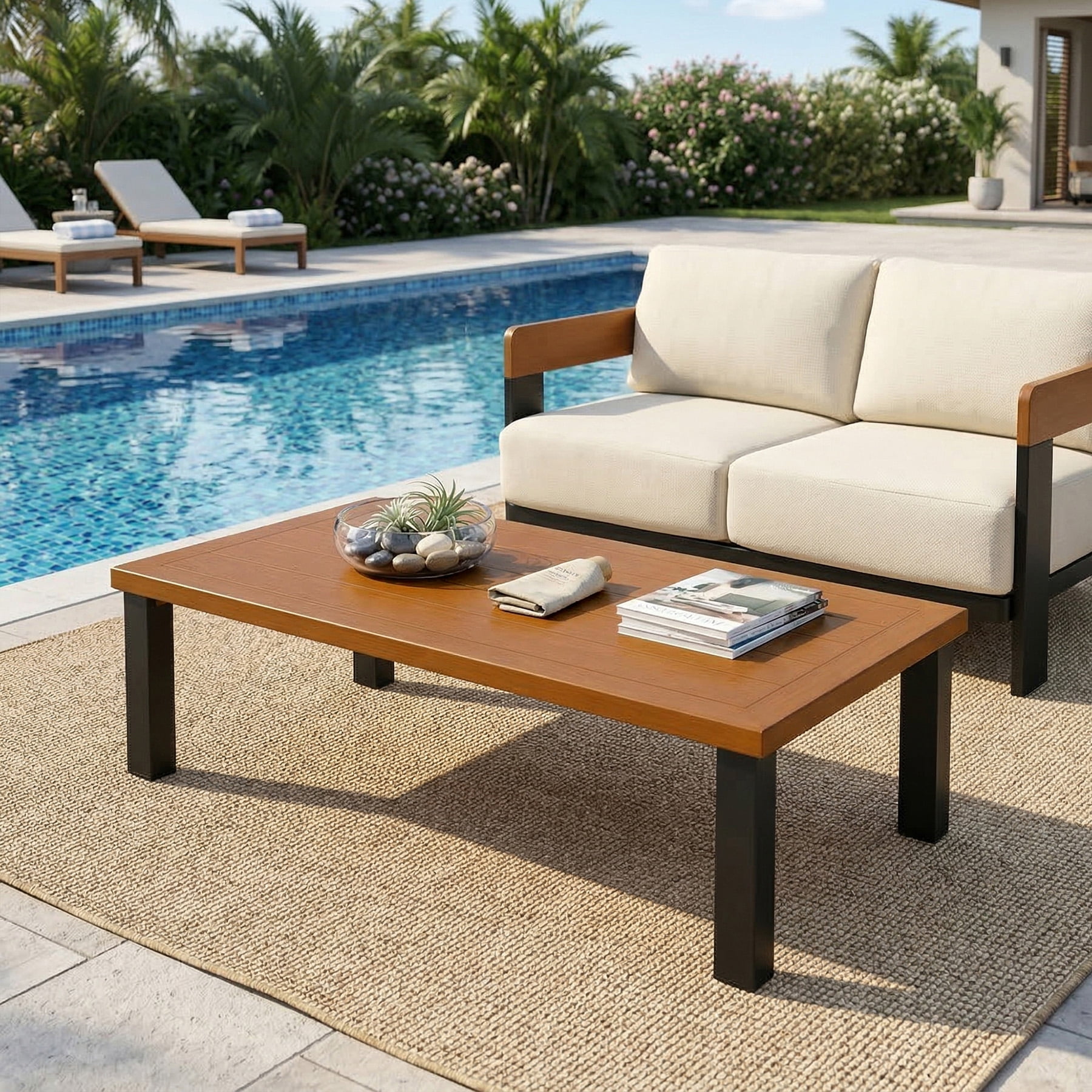 Fnova Outdoor Rectangular Coffee Table, Large Patio Table with Sturdy Metal Frame, Modern Outdoor Furniture for Patio Backyard Garden Poolside